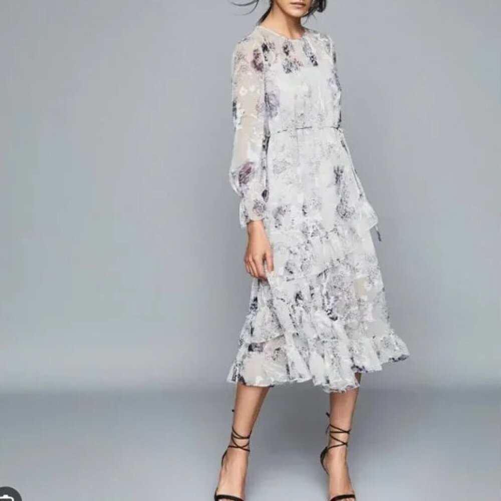 REISS Women's Blue White Floral Silk Long-Sleeve Fit Flare Dress size US 6
